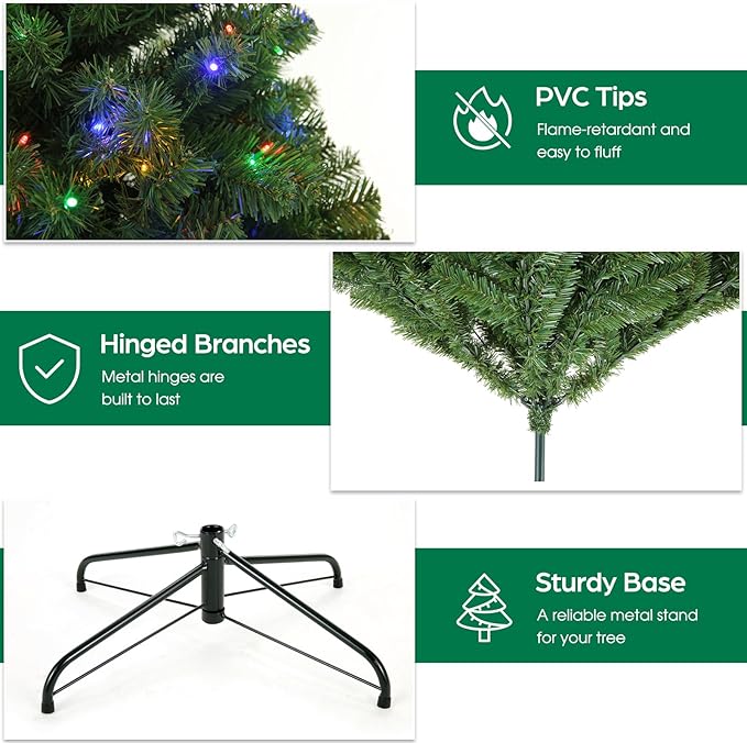 Himimi 7.5 ft Christmas Tree Prelit, Full Artificial Tree with Multicolor Lights, PVC Leaves 1346 Tips, 450 RGB Lights, Easy Assembly, Metal Stand and Premium Hinged Branches