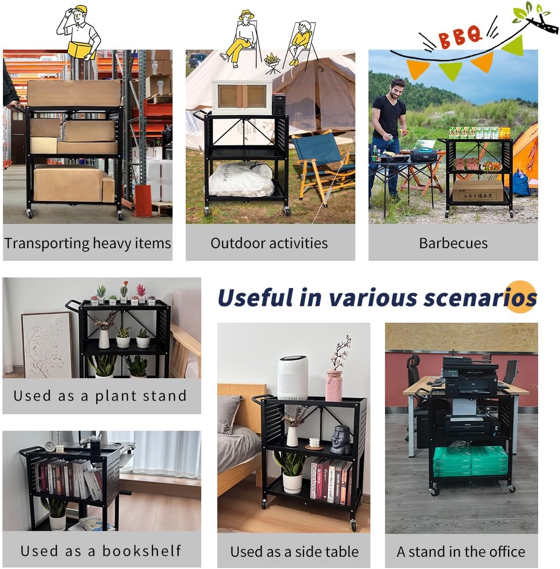 Lumizone Rolling Tool Cart with Wheels and Pegboard Hooks Folding Utility Service Cart for Garage Organizer Storage Foldable Power Tool Organization on Wheels Heavy Duty Frame (Tool Cart+Hooks)