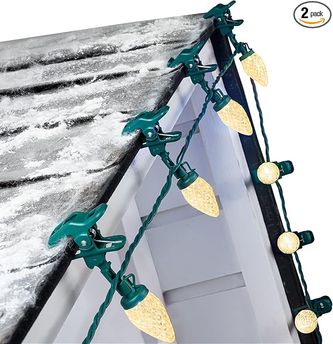 C9 LED Christmas Lights Outdoor, 66 Feet 100 LED C9 String Lights with 100 Spring Clips, Waterproof Connectable Christmas Tree Lights for Outside Roofline Patio Home Xmas Decor, Warm White 2 Pack