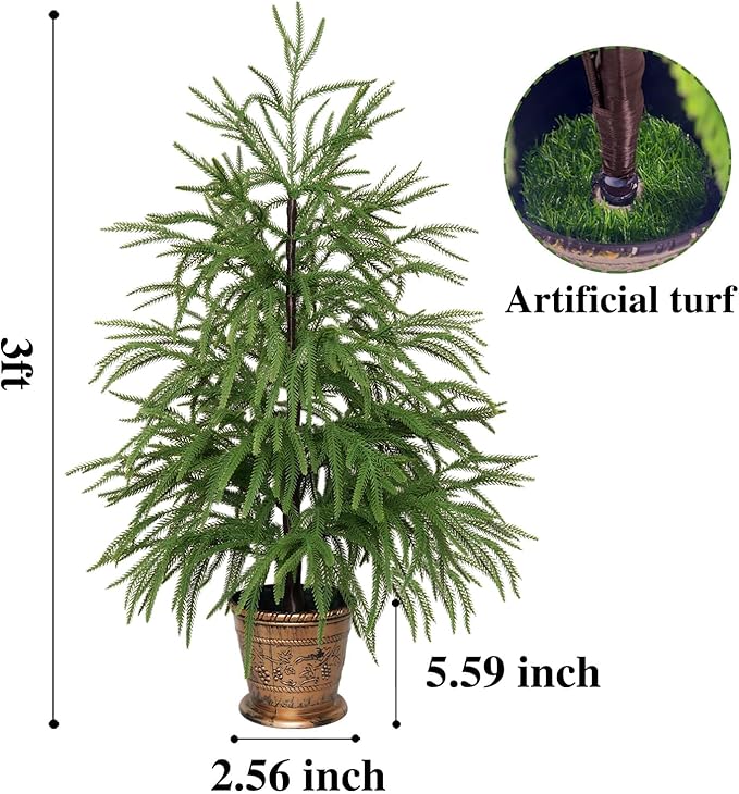 XmasExp 3ft Norfolk Pine Tree Artificial Faux Potted Real Touch Christmas Tree for Front Porch Indoor Outdoor Decor (Green)