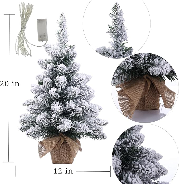 Pre-Lit Artificial Mini Christmas Tree,20 Inch Snow Flocked Small Pine Xmas Tree with 40 LED Lights,70 Branch Tips,Battery Operated Tabletop Christmas Tree Burlap Base-(50cm)