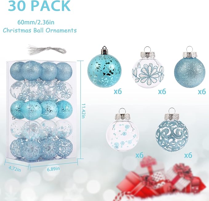 60mm/2.36inch Clear Christmas Ball Ornaments Set, 30ct Blue Transparent Shatterproof Hanging Balls Decoration for Tree, Baby Shower, Xmas, Wedding, Party, Home Decor
