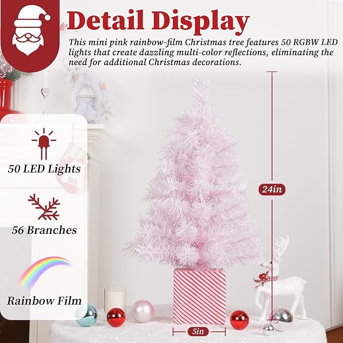 Brightever 2FT Small Christmas Tree, Prelit Pink Mini Christmas Tree with 50 Multi-Color LED Lights, Unique Gift Box Base, Battery Powered Little Xmas Tree for Bedroom