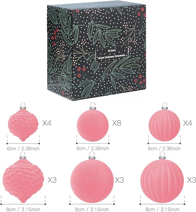 KI Store Velvet Christmas Balls Rose Pink 25pcs Flocked Christmas Tree Ornaments Assortment for Xmas Tree Holiday Decor