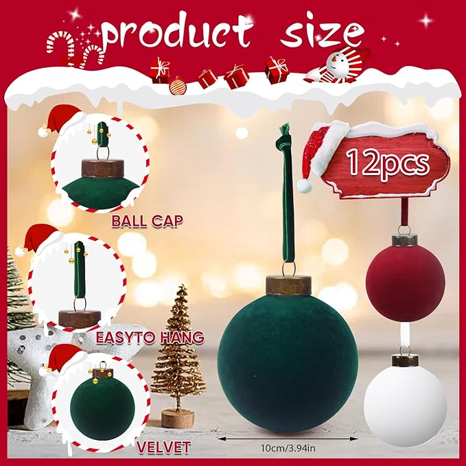 12 Pcs Velvet Christmas Balls Bulk Shatterproof Plastic Christmas Tree Decorations for Decorative Hanging Baubles (12, Wine red、Blackish Green、White, 3.94Inch)
