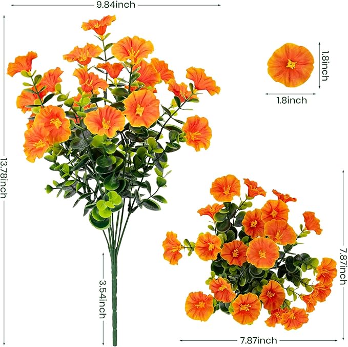 Artificial Faux Flowers for Outdoor 16 Bundles Boxwood Fake Morning Glory for Planter,UV Resistant Fake Flowers for Home Porch Patio Outside（Orange）