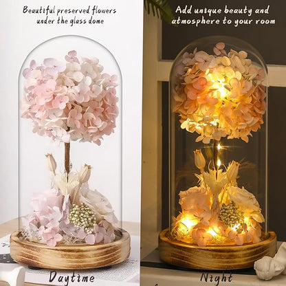 dranmoner Christmas Rose Gifts with LED Lights,8 inches 3D Pink Hydrangea Tree and Preserved Flower Arrangement,Wooden Base,for Birthday,for Mom Grandma Wife Friend Used as for Occasions Home Decor