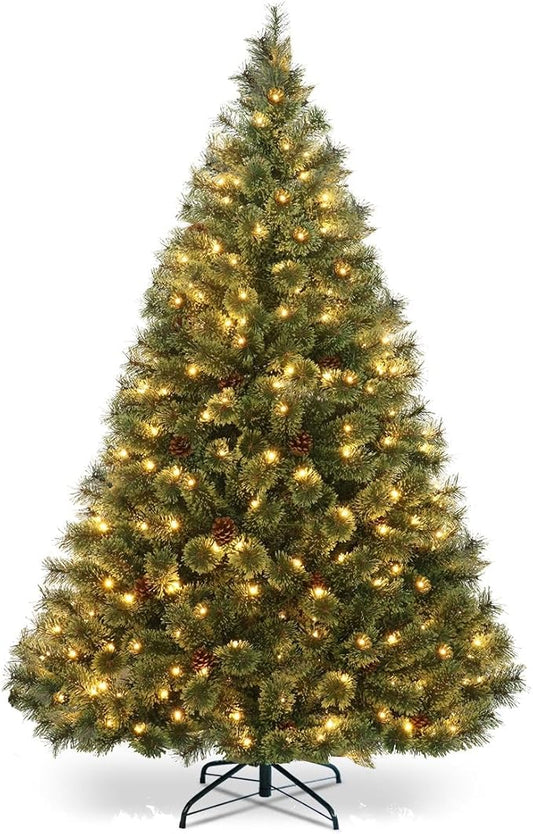 HAPPYGRILL 6FT Pre-Lit Hinged Christmas Tree Artificial Pine Tree with 484 Tips & 260 LED Lights, 49 Pine Cones & Foldable Metal Stand, Holiday Decoration Xmas Tree for Home and Shop