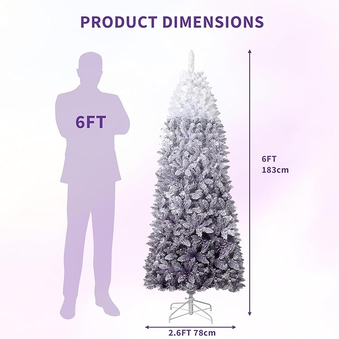 GAOMON 6Ft Snow Flocked Pencil Christmas Tree, Slim Artificial Christmas Tree with Sturdy Metal Stand, Skinny Xmas Tree Holiday Decoration for Home, Office, White & Purple Gradient