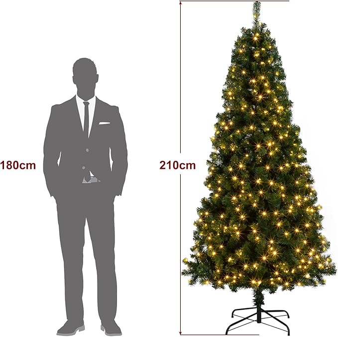 VINGLI 7ft Christmas Tree with 200 Warm LED Lights, 1100 Full PVC Tips, Pre-Lit Artificial Xmas Tree with Sturdy Metal Stand, 8 Lighting Modes for Holiday & Party Decorations