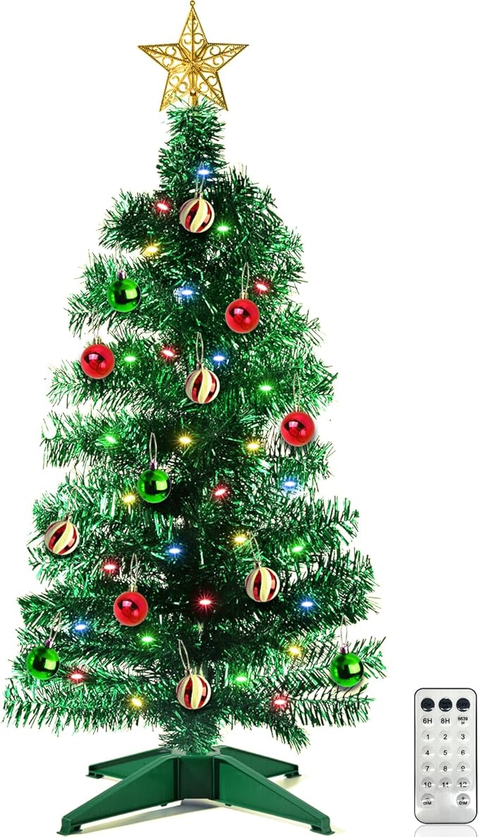 [ 12 Modes & Remote Control ] 3 Ft Christmas Tree with Timer 50 Four Color LED Lights DIY 15 Ball Ornaments Star Artificial Xmas Tree Indoor Outdoor Home Holiday Decoration (Green)