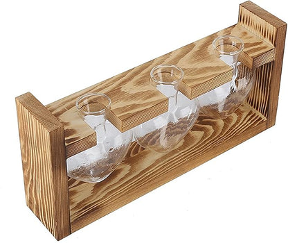 Plant Terrarium with Wooden Stand,Heart Shaped Transparent Glass Vase Flower Pot Hydroponics Plant Propagation Station for Hydroponics Plants Home Office Decor (Retro Box + 3