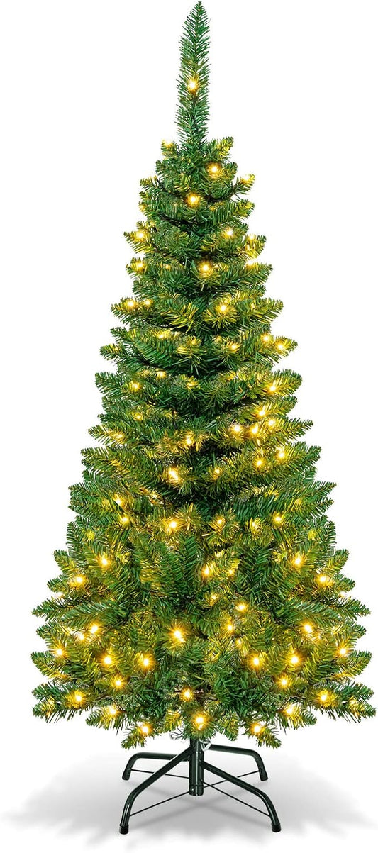 Goplus 4.5ft Prelit Pencil Christmas Tree, Premium Hinged Fir Tree, with Warm White LED Lights and Solid Metal Stand, Easy Assemble, Ideal Artificial Xmas Tree for Home and Office