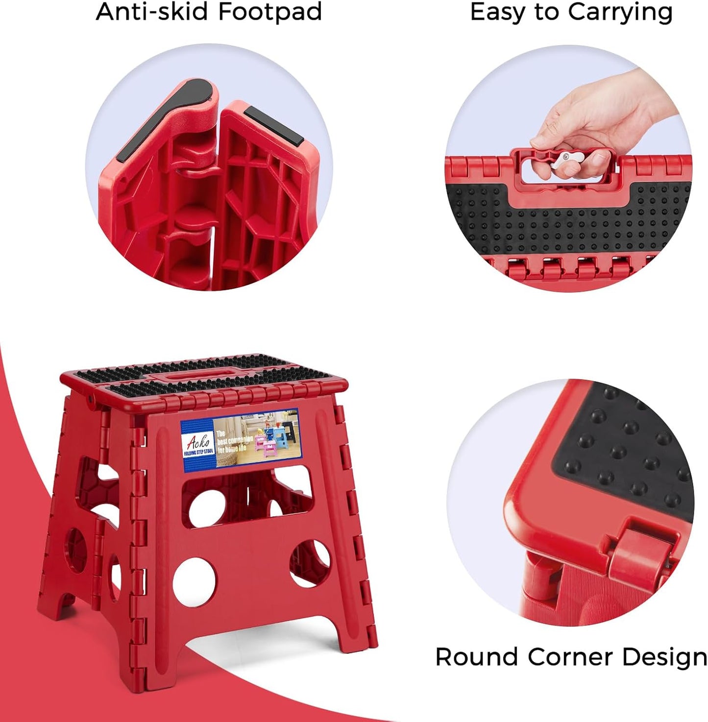 ACKO Folding Step Stool - 13" Height Premium Heavy Duty Foldable Stool for Kids and Adults, Kitchen Garden Bathroom Stepping Stool (1 Pack) Dot Red