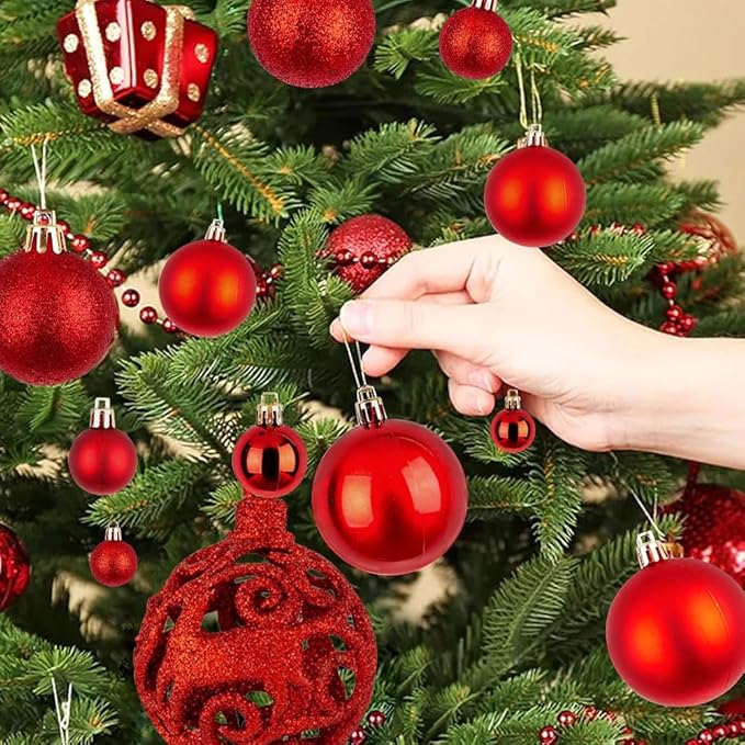 Christmas Ball Ornaments for Tree,Shatterproof Plastic Holiday Baubles Set in Assorted Sizes and Finishes, Christmas Tree Decorations for Home, Office, Party, Indoor Outdoor Use (100PCS, Red)