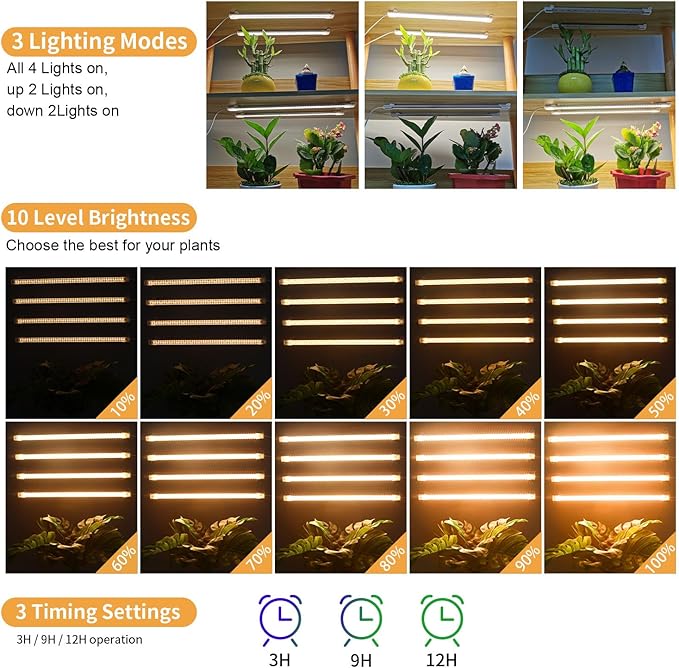 LED Plant Grow lamp, 3500K Full Spectrum Growing Light Strips for Indoor Small Plants with 3/9/12H Timer & 10 Dimmable Levels, LED Growth Light for Green House Hydroponics Succulent 2 Pack