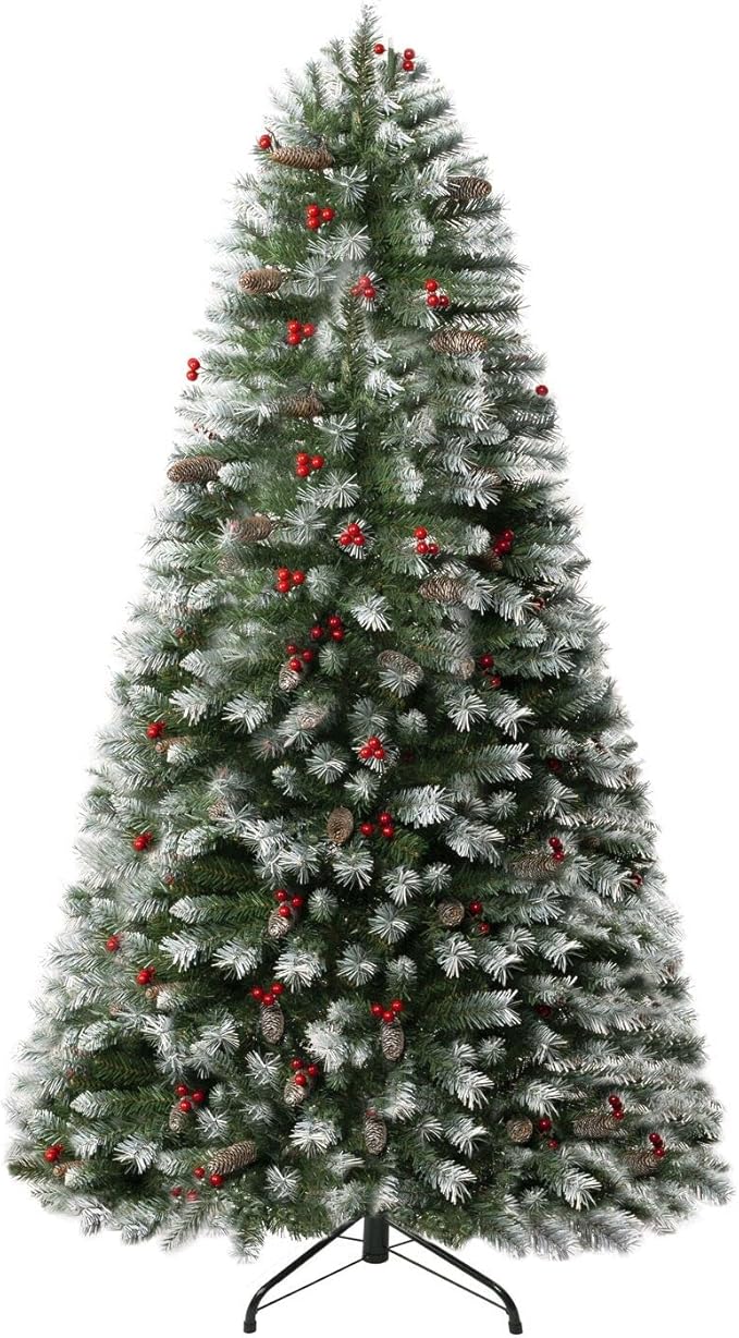 Vancouver 7.5ft Frosted Prelit Artificial Christmas Tree with Pine Cones,Faux Berries, Foot Pedal, 1346 Branch Tips,550 Warm Lights & Metal Stand, 53" Wide Realistic Decorated Spruce Christmas Tree