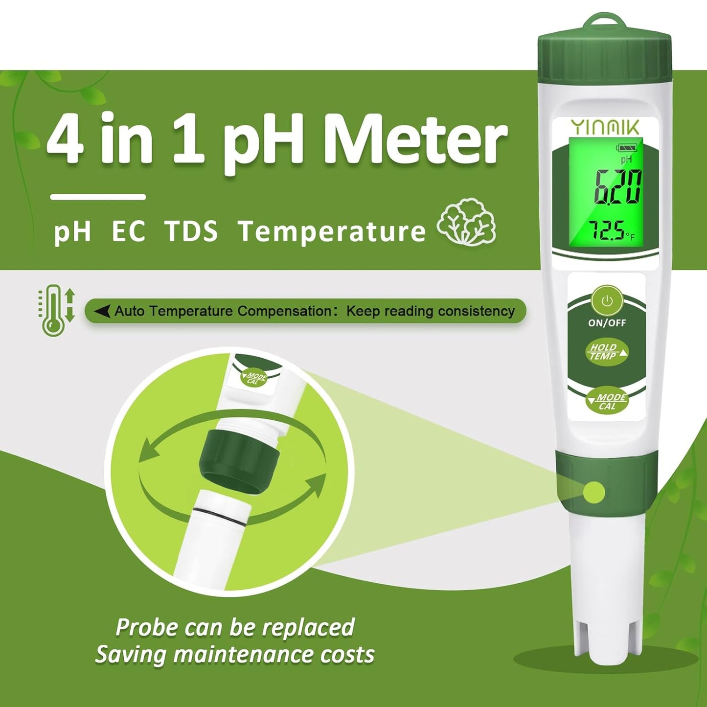 pH EC Meter for Water Hydroponics, PPM Meter for Nutrients, Measure pH PPM Conductivity Temperature of Hydroponic Garden Water and Nutrient Solution, EC pH TDS Meter for Water, Aquarium, Pool