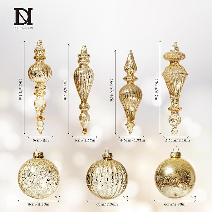 DN DECONATION Mercury Glass Christmas Ornaments, Vintage Teardrop & Ball Ornament, Decorative Hanging Finials Decor for Xmas Tree, Winter Wedding, Party, Holiday Home (10-Pieces, Champagne Gold)