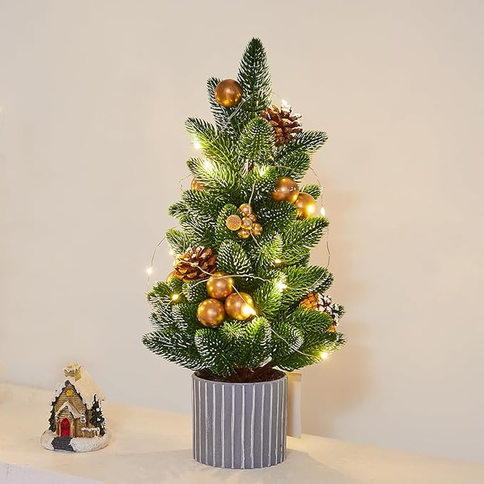 Classic Small Christmas Tree Table Decor - Mini Tabletop Artificial Tree Indoor Christmas Holiday Centerpiece for Desktop Home Office Bedroom Decor Gift(Gold Pine)