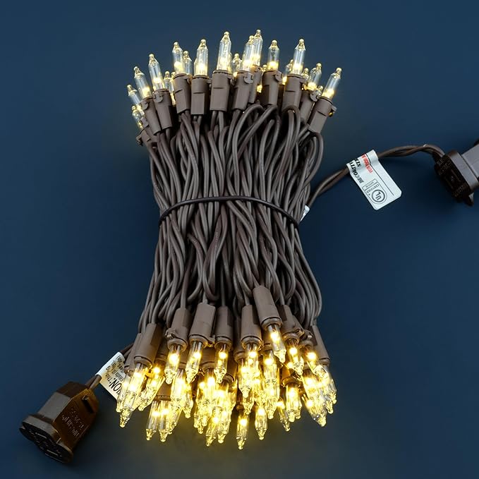 YULETIME 100 Count Clear Warm White Christmas Lights, 33 Feet Brown Wire UL Certified Incandescent-Like LED Mini String Lights