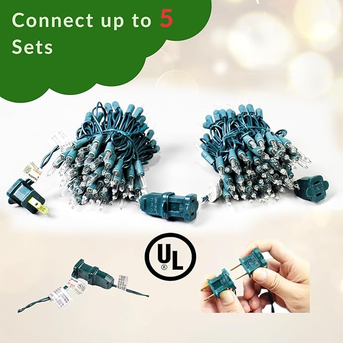 Clear Mini Green Wire Christmas Lights - 2X100 Count 53ft UL Listed Connectable String Lights for Indoor and Outdoor Use for Xmas Trees Wreath Holiday Garden Decorations (2, Clear)