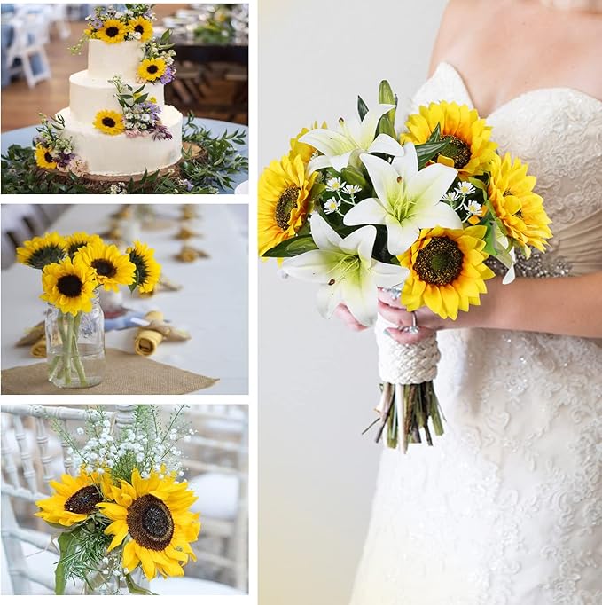 HUAESIN Artificial Sunflowers Faux Sunflowers Bouquet with Tiger Lilies Silk Flower Arrangements for Home Baby Shower Living Room Farmhouse Table Centerpieces Cemetery Flowers for Graves