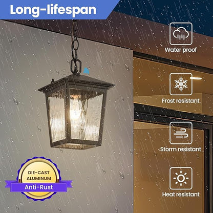 Outdoor Pendant Light, Black Outdoor Porch Light fixtures with Dusk to Dawn Sensor, Exterior Hanging Lantern Height Adjustable Outside Chandelier with Water Glass for House Patio Garage