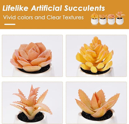 Tiita Artificial Faux Succulents in Pots, Mini Orange Fake Plants for Women Desk, Small Realistic Faux Succulents for Home Office Accessories Window Sill Bathroom Bedroom 4 Set, Orange