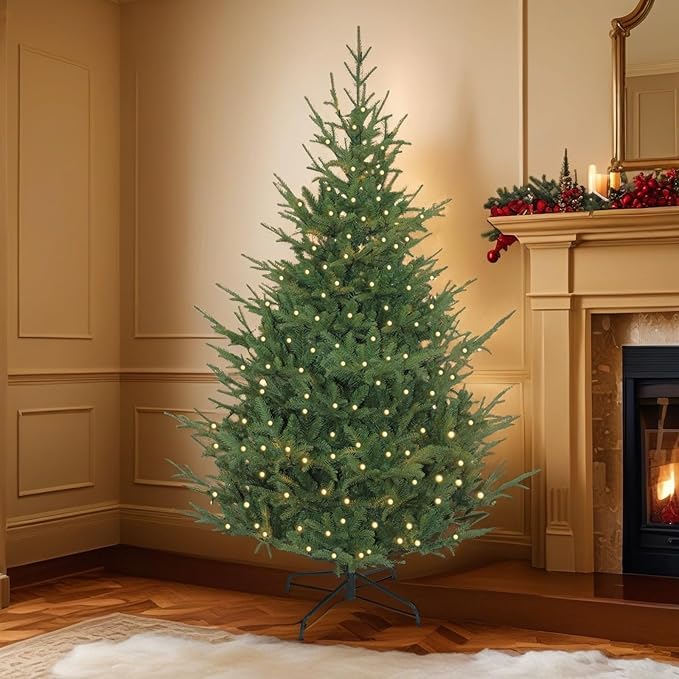 6ft Pre-Lit Christmas Tree, Premium Hinged Artificial Pine Tree w/ 750 Realistic Branch Tips 180 Warm LED Lights Spruce Xmas Full Tree w/Metal Hinges & Foldable Metal Base for Home/Office