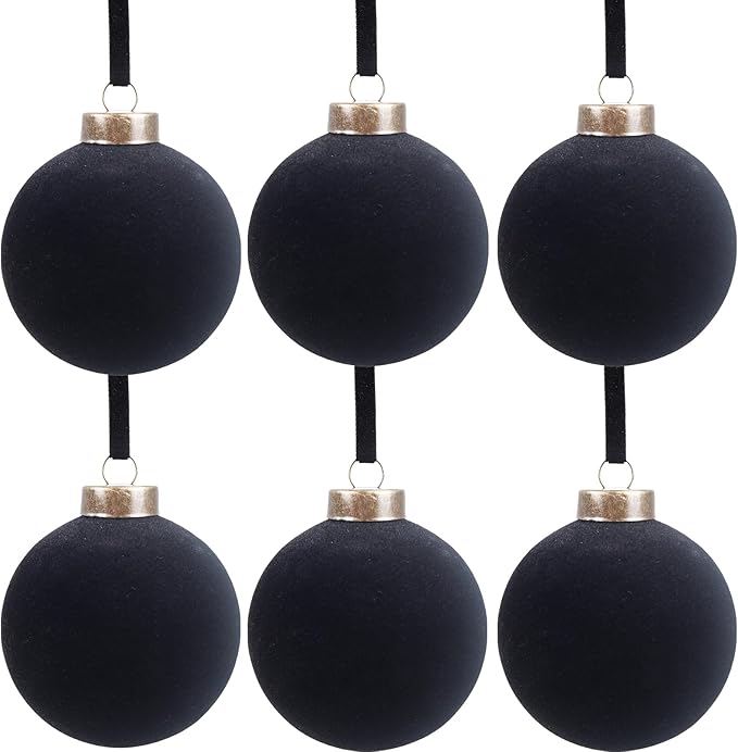 6 Pcs Velvet Christmas Balls Bulk Shatterproof Plastic Christmas Tree Decorations for Decorative Hanging Baubles (6, Black, 3.94Inch)