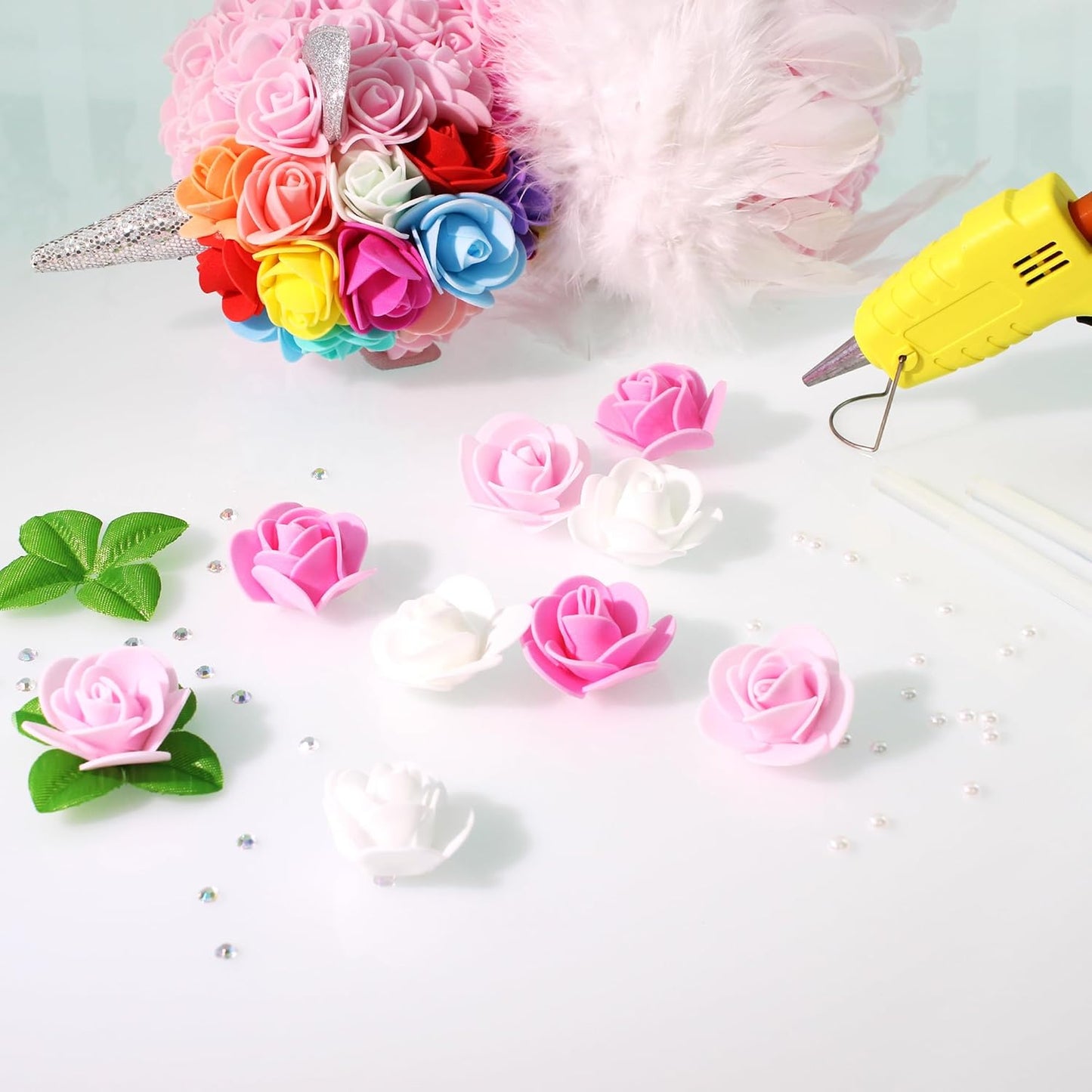 500 Pcs 1.4 Inch Mini Artificial Flowers Head Bulk 5 in 1 Set Faux Foam Fake Small Rose Tiny Baby Flores Bouquet Cake Gift Home Decoration DIY Craft (Pink, Light Pink, White Mixed)