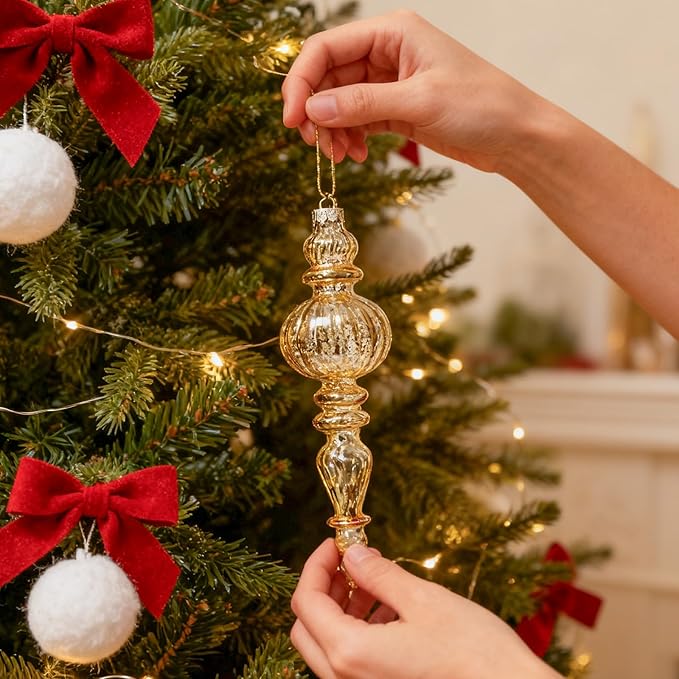 DN DECONATION Mercury Glass Christmas Ornaments, Vintage Teardrop & Ball Ornament, Decorative Hanging Finials Decor for Xmas Tree, Winter Wedding, Party, Holiday Home (10-Pieces, Champagne Gold)