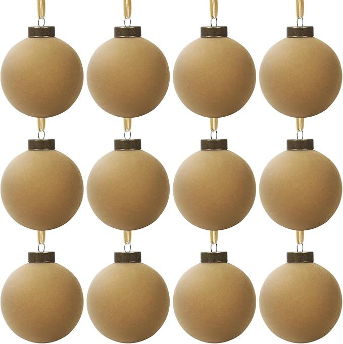 12 Pcs Velvet Christmas Balls Bulk Shatterproof Plastic Christmas Tree Decorations for Decorative Hanging Baubles (12, Khaki, 2.36Inch)