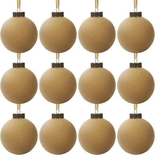 12 Pcs Velvet Christmas Balls Bulk Shatterproof Plastic Christmas Tree Decorations for Decorative Hanging Baubles (12, Khaki, 2.36Inch)