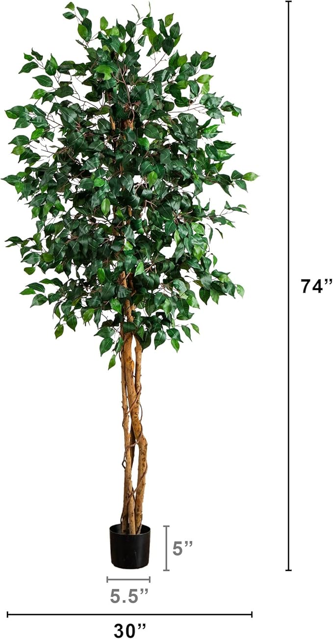 Nearly Natural 74in Triple Trunk Artificial Ficus Tree with Natural Wood Trunks, Fake Tree for Indoor Home Décor, Faux Ficus Tree with Black Nursery Pot