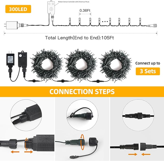 Music Motion Sensor Christmas String Lights 105ft 300 LED, Warm White Christmas Tree Light，End to End Plug In 6 Modes Christmas Lights, Waterproof for Indoor Outdoor Tree Party Yard Room Decor