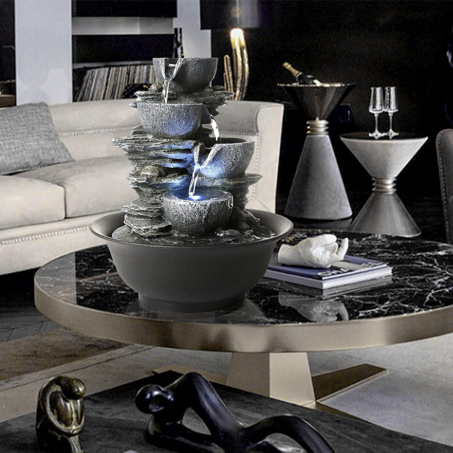 WICHEMI Indoor Water Fountain Tabletop Fountains Waterfall Fountain Indoor Water Feature Feng Shui Zen Meditation Cascading Desktop Fountains with LED Light for Home Office Indoor Decor (Style 15)