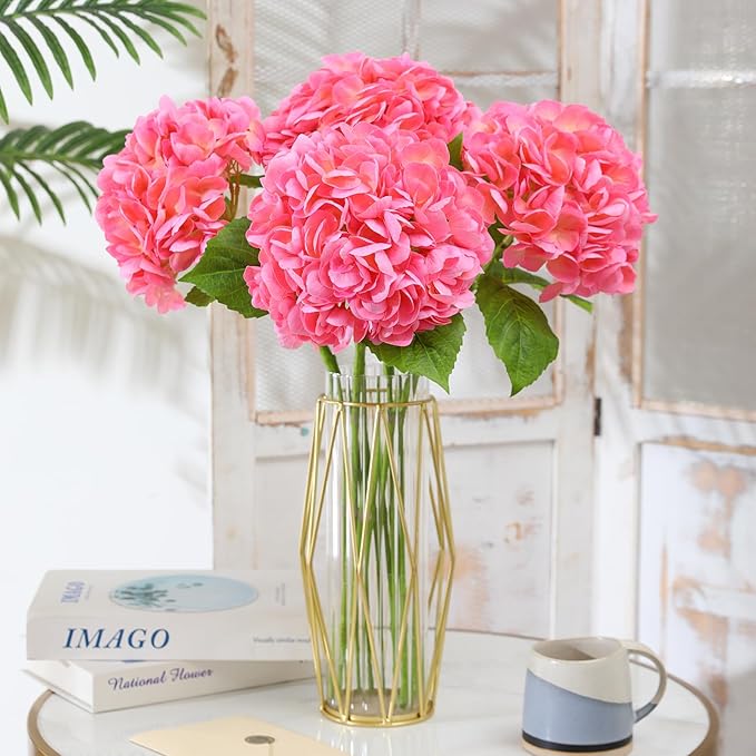 Nubry 22.44In Pink Hydrangea Artificial Flowers,4Pcs Latex Faux Real Touch Large Hydrangea Flowers with Long Stems & Leaves for Home Office Decor Wedding Party Arrangements(Pink)