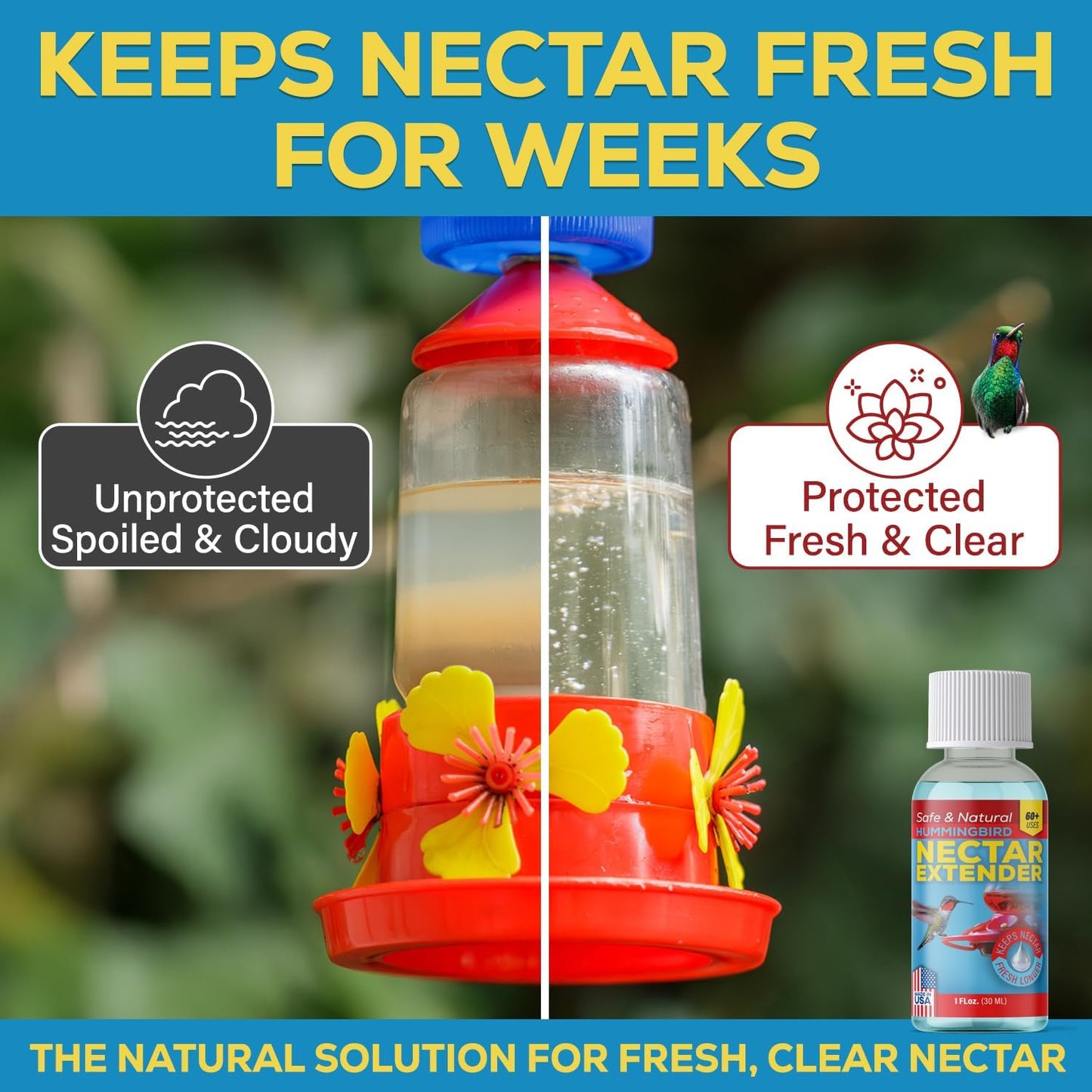 Hummingbird Nectar Extender - Keeps Nectar Fresh for 2+ Weeks, 60+ Uses, Made in USA, Safe & Natural Nectar Defense, Bird Safe Formula, for All Hummingbird Nectar & Feeders - 1oz