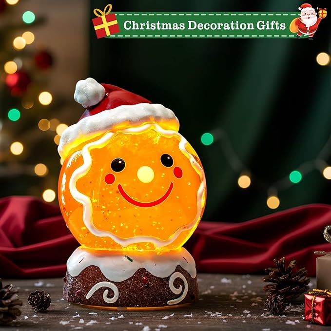 Christmas Music Snowglobe Water Lantern Gingerbread Man Smiling Wind Lantern with Christmas Hat Decoration Table Centerpiece Used for Home PartyDecoration, USB Wired Festival Gift