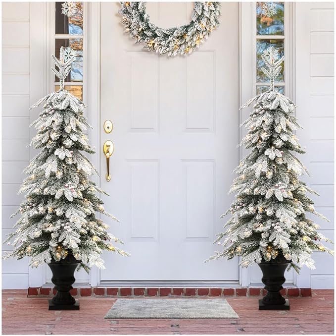Glitzhome Christmas Porch Tree Set of 2, 5ft Prelit Artificial Christmas Tree with 150 Warm White Lights and 480 PE&PVC Branch Tips, Flocked Potted Christmas Tree for Xmas Indoor Outdoor Decor