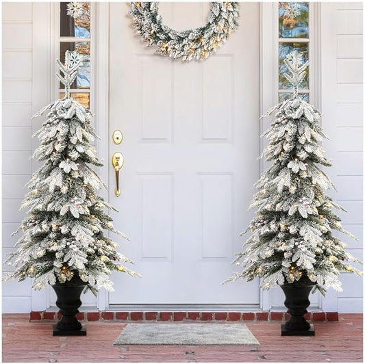 Glitzhome Christmas Porch Tree Set of 2, 5ft Prelit Artificial Christmas Tree with 150 Warm White Lights and 480 PE&PVC Branch Tips, Flocked Potted Christmas Tree for Xmas Indoor Outdoor Decor