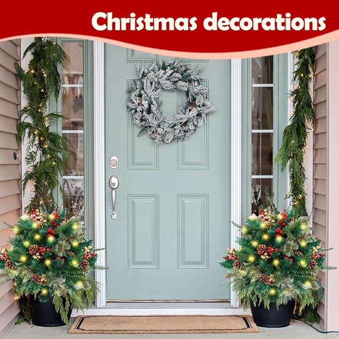 Artificial Christmas Urn Filler with LED Lights, 2026 Upgraded Pre-lit Christmas Tree Planter Filler, Holiday Greenery with Pinecones Berries, Pot Fillers Outdoor Front Porch Xmas Decor (16 in)