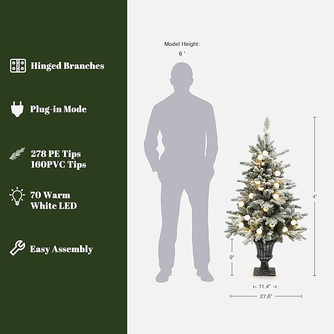 LuxenHome 4FT Small Potted Christmas Tree, Flocked Christmas Tree with 70 LED Globe Lights, Prelit Artificial Xmas Trees with Rustic Urn Pot, Lighted Pine Tree for Indoor, Outdoor Holiday Display