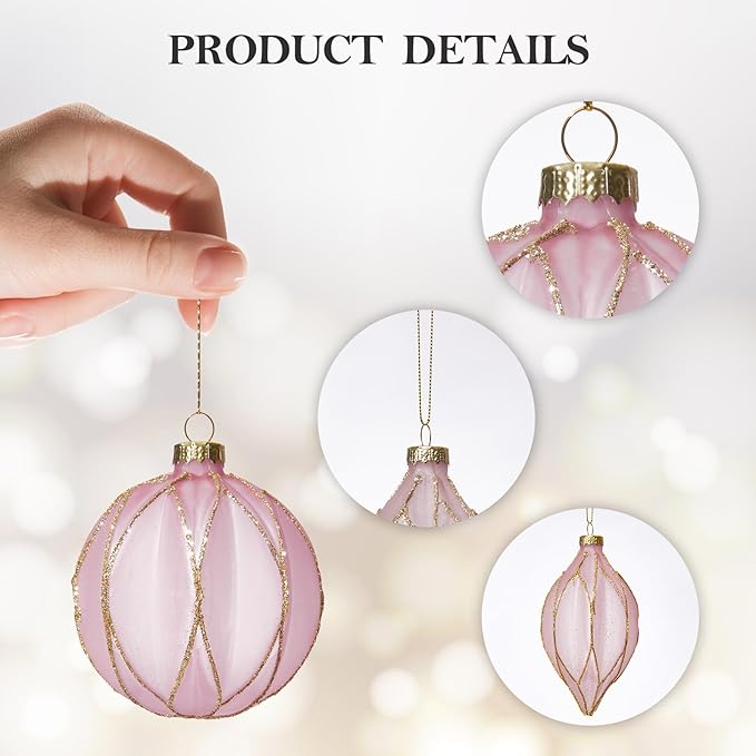 WDS WONDROUS Christmas Ball Ornaments, Vintage Ball & Teardrop Xmas Tree Ornament Set, Hanging Assorted Glass Balls for Holiday Home Party Decor (9Pcs, Pink & Gold Line)