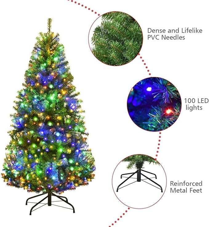 HAPPYGRILL 4FT Pre-Lit Christmas Tree with 300 PVC Branch Tips and Foldable Base, Premium Artificial Spruce Tree Hinged Xmas Tree for Holiday Decoration