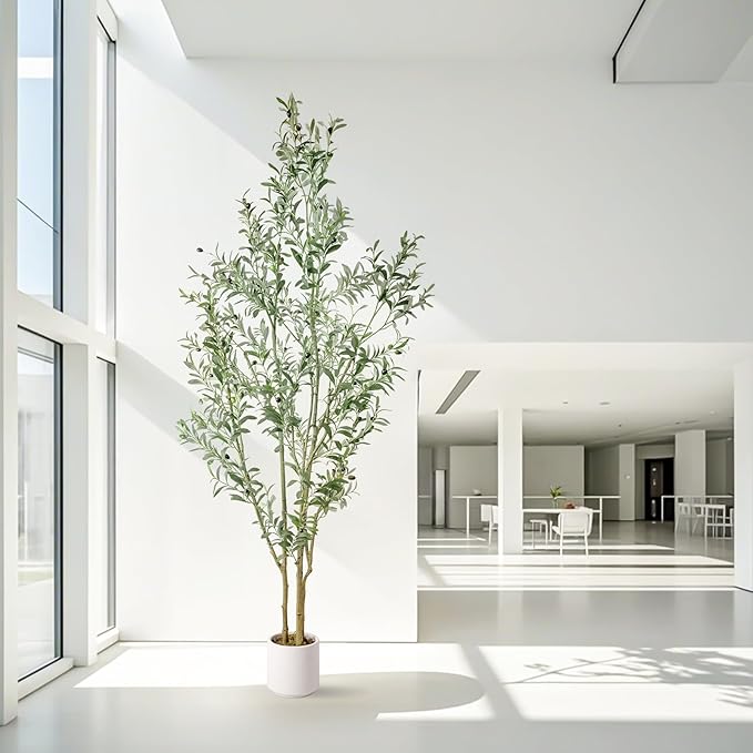 Artificial Fake Olive Tree 7FT Tall 1Pack with White Planter Faux Silk Olive Tree for Home Living Room Office Decor Faux Artificial Plants Indoor with Fruit & Free Moss