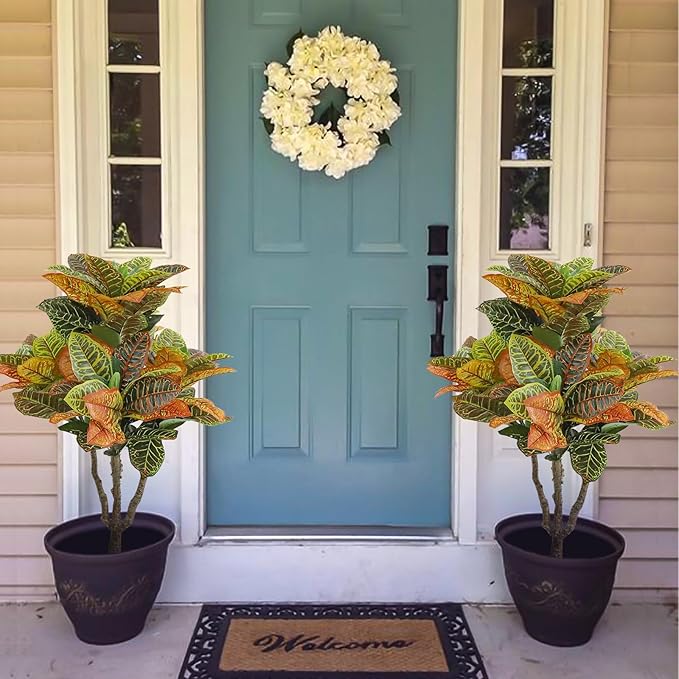 2PCS Artificial Croton Plant, Faux Fiddle Leaf fig Tree,Artificial Trees for Home Decor,Floor Plant,Front Porch Plants with Plastic Pot, Faux Ficus Lyrata Tree,35inch