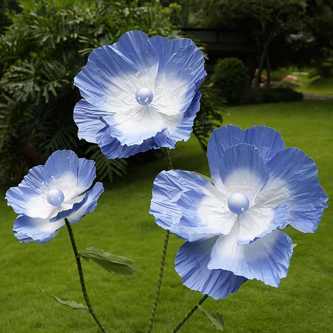 Giant Flowers for Decoration,Large Paper Flowers with Standing Stems and Base,3 pcs Artificial Flowers for Home Decor, Wedding Decorate, Photography Props, Party Banquet (Light Blue)